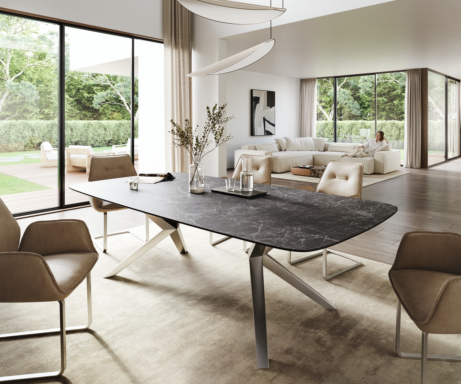 Esstisch Edge Boot 260x120 cm Keramik Laminam® Nero Greco Anthrazit Zenthara kantig Edelstahl