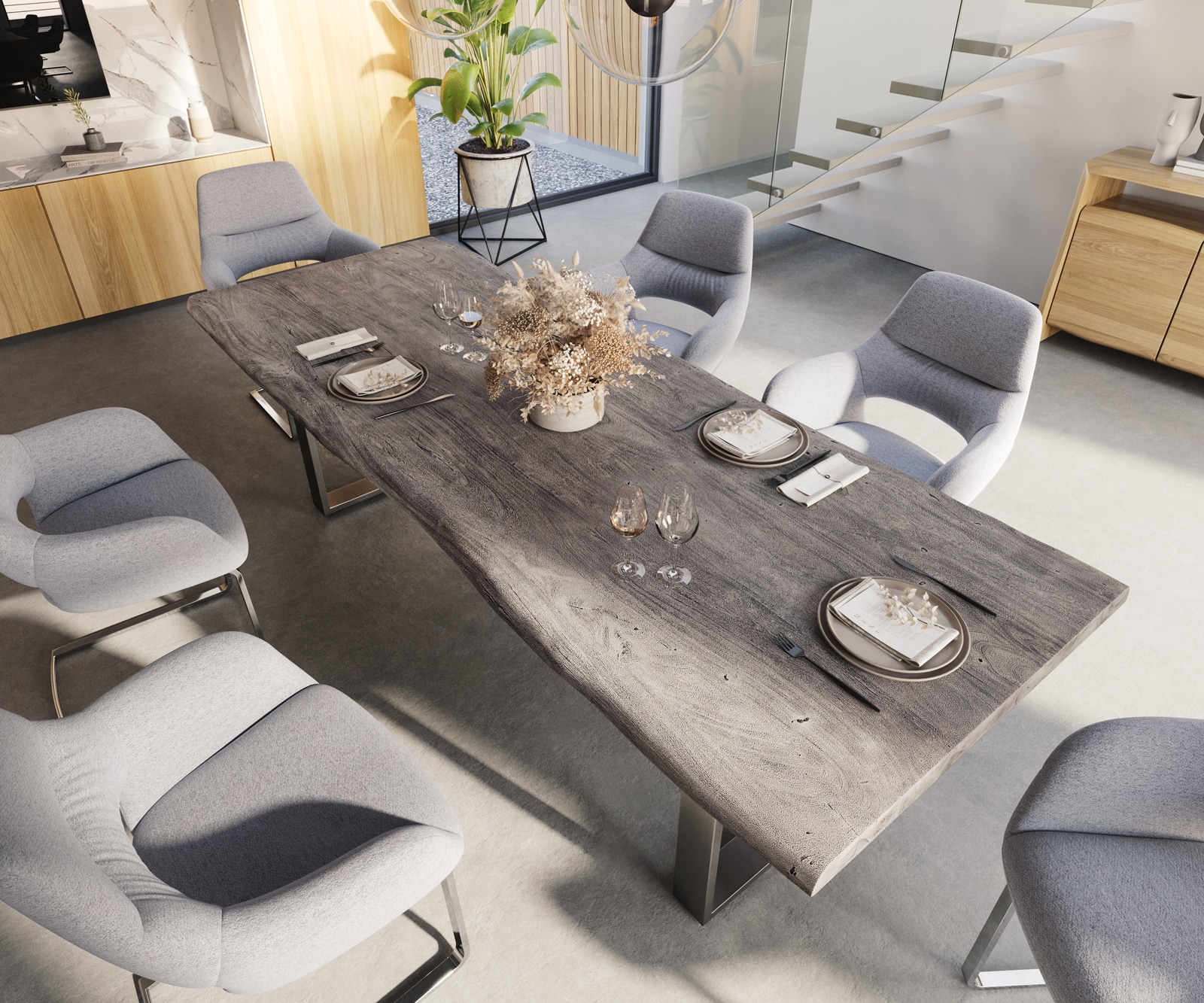 Esstisch Edge 260x100 XL Akazie Platin Edelstahl Schmal Live-Edge 3