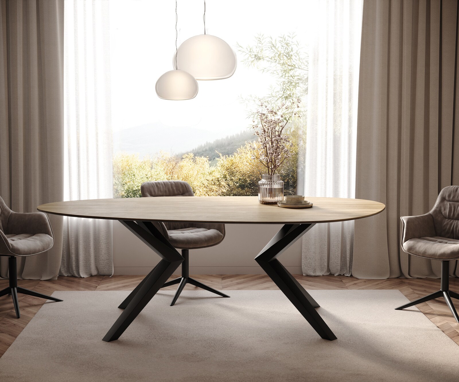 Esstisch Edge Oval 220x120 Keramik Laminam® Sabbia Eichefarbig Zenthara kantig Metall Schwarz 1