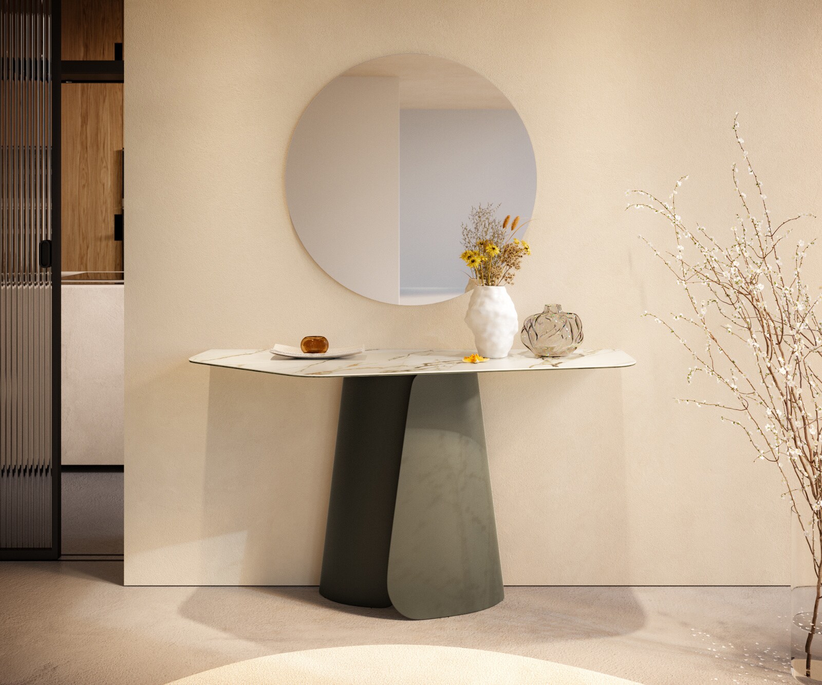 Konsolentisch Edge Polygonal 140x50 cm Keramik Calacatta Luxe Weiß-Gold-Grau Livos Metall Effektfinish Titan 3
