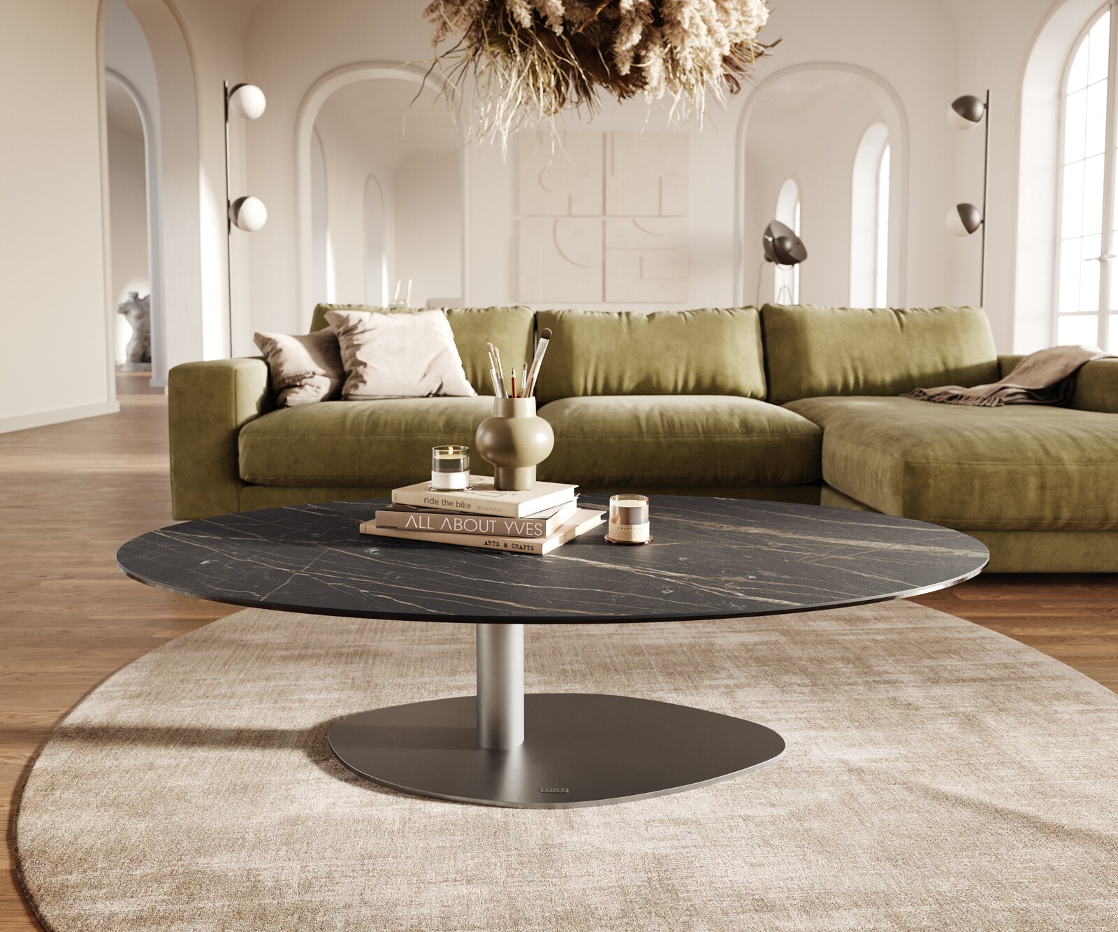 Couchtisch Edge Oval 140x80 cm Keramik Laminam® Noir Desir Braun Vibany Edelstahl gebürstet 1