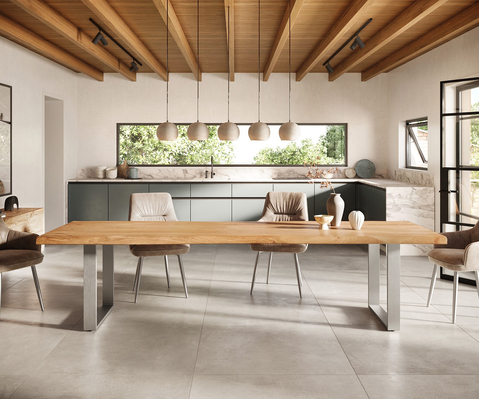 Esstisch Edge 300x100 XL Akazie Natur Edelstahl Schmal Live-Edge 1