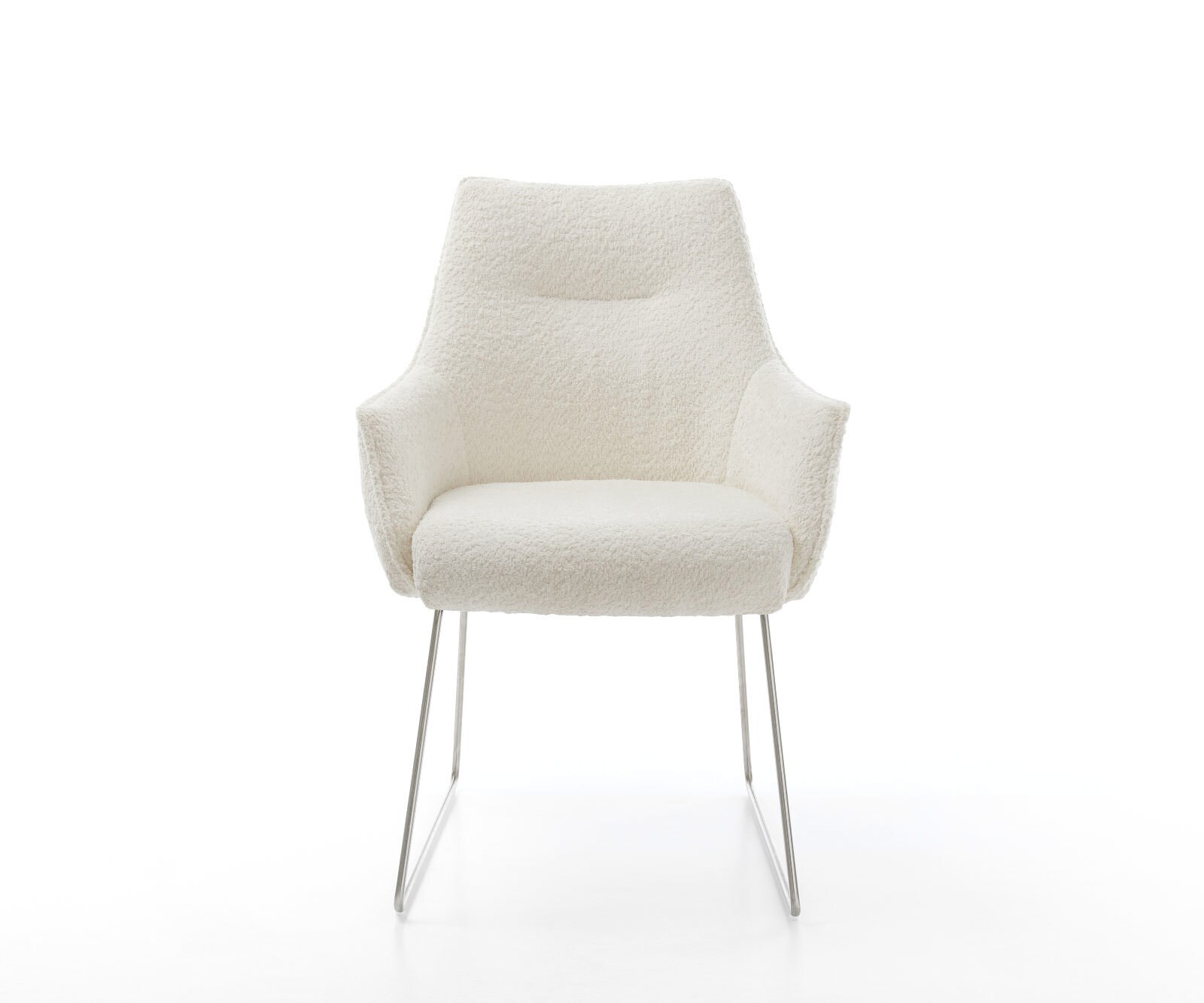 Esszimmerstuhl Alja-Flex mit Armlehnen Bouclé Weiß Kufengestell Edelstahl Taschenfederkern 1 Esszimmerstuhl Alja-Flex mit Armlehnen Bouclé Weiß Kufengestell Edelstahl Taschenfederkern 1