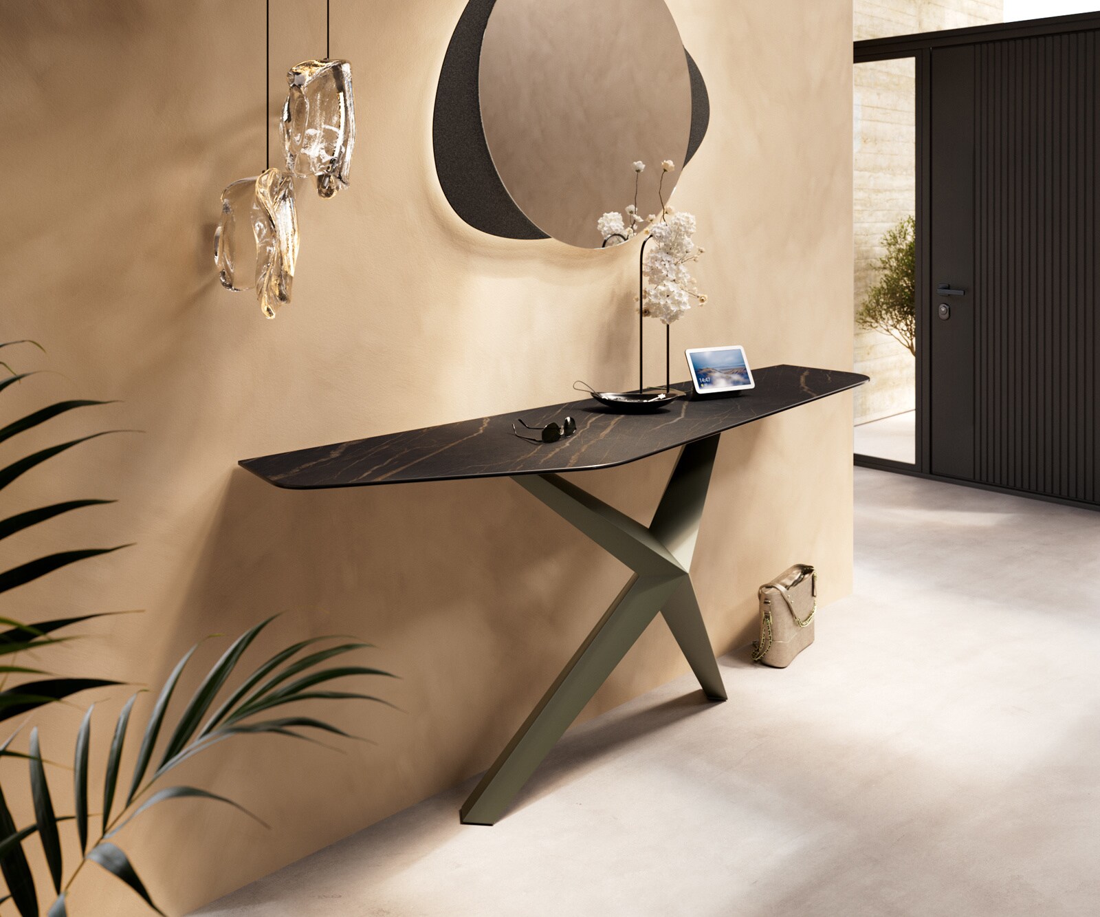 Konsolentisch Edge Polygonal 180x50 cm Keramik Laminam® Noir Desir Braun Zentharo Metall Effektfinish Titan