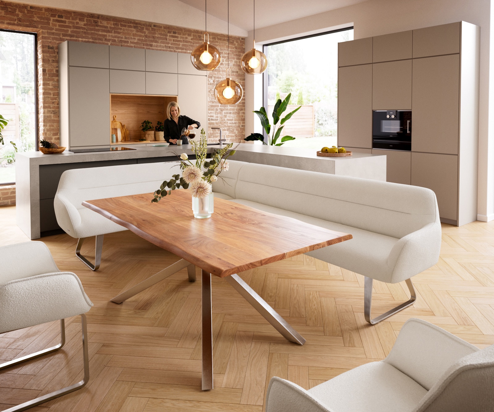 Esszimmerbank Taya-Flex 285x190 cm Bouclé Creme-Weiß Kufengestell flach Edelstahl Taschenfederkern Rechts 1