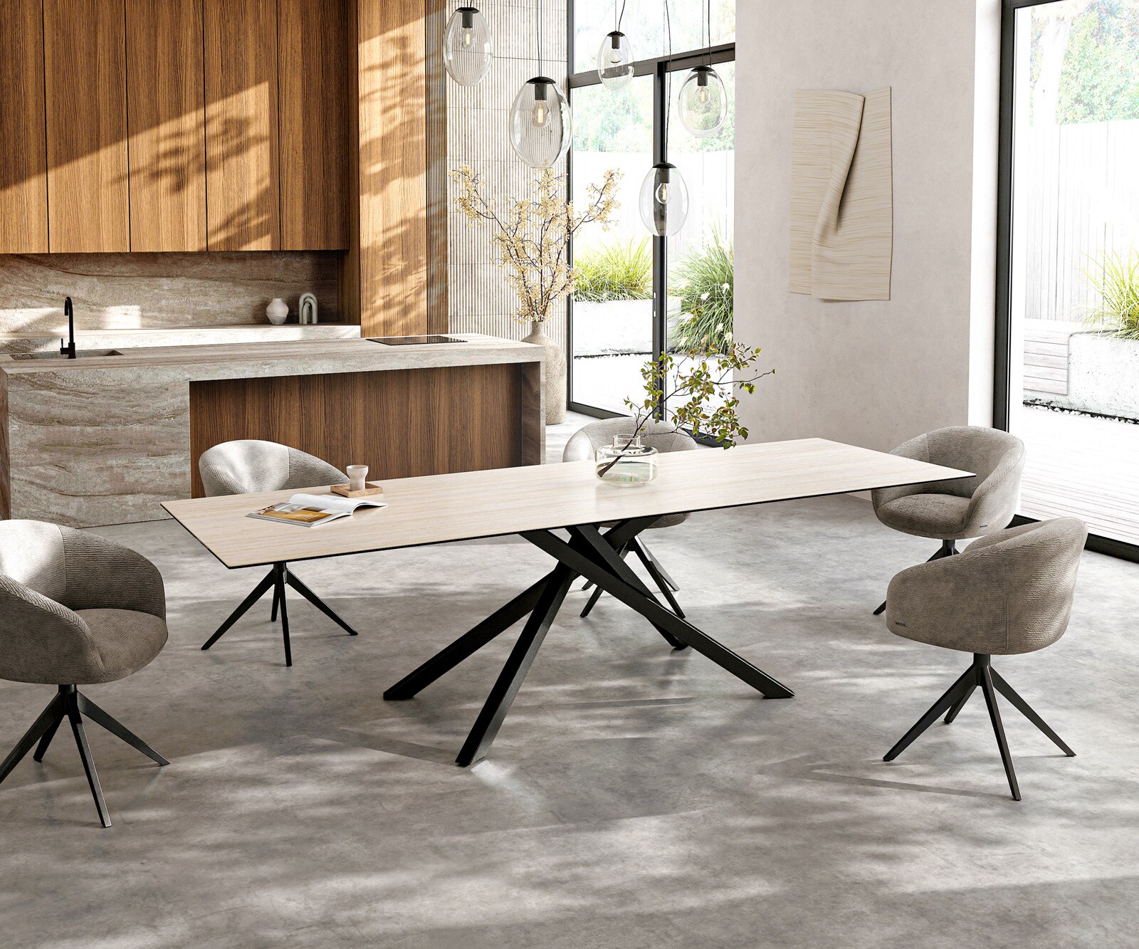 Esstisch Edge 300x100 cm Keramik Laminam®Travertino Bianco Creme-Weiß Kreuzgestell Rechteck Schwarz 6