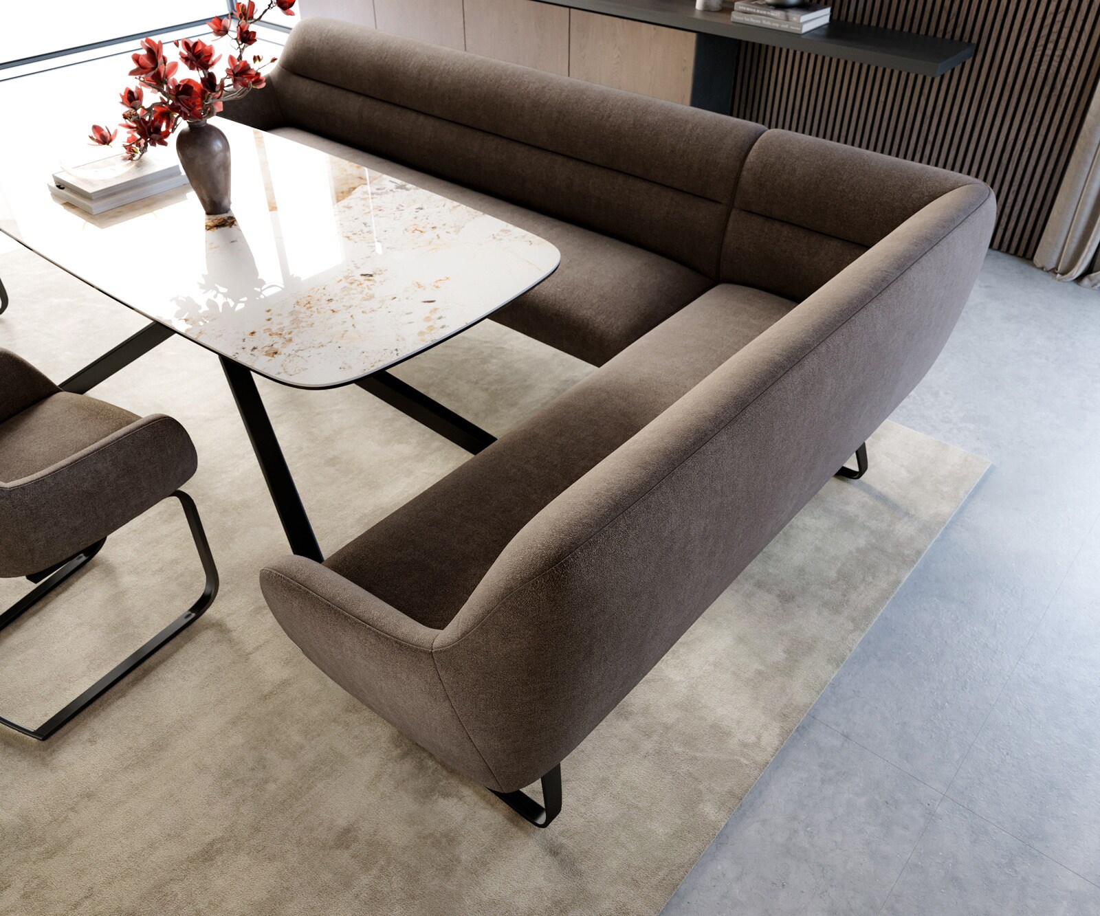 Esszimmerbank Taya-Flex 285x190 cm Strukturstoff Soft Taupe Kufengestell flach Schwarz Taschenfederkern Links 4