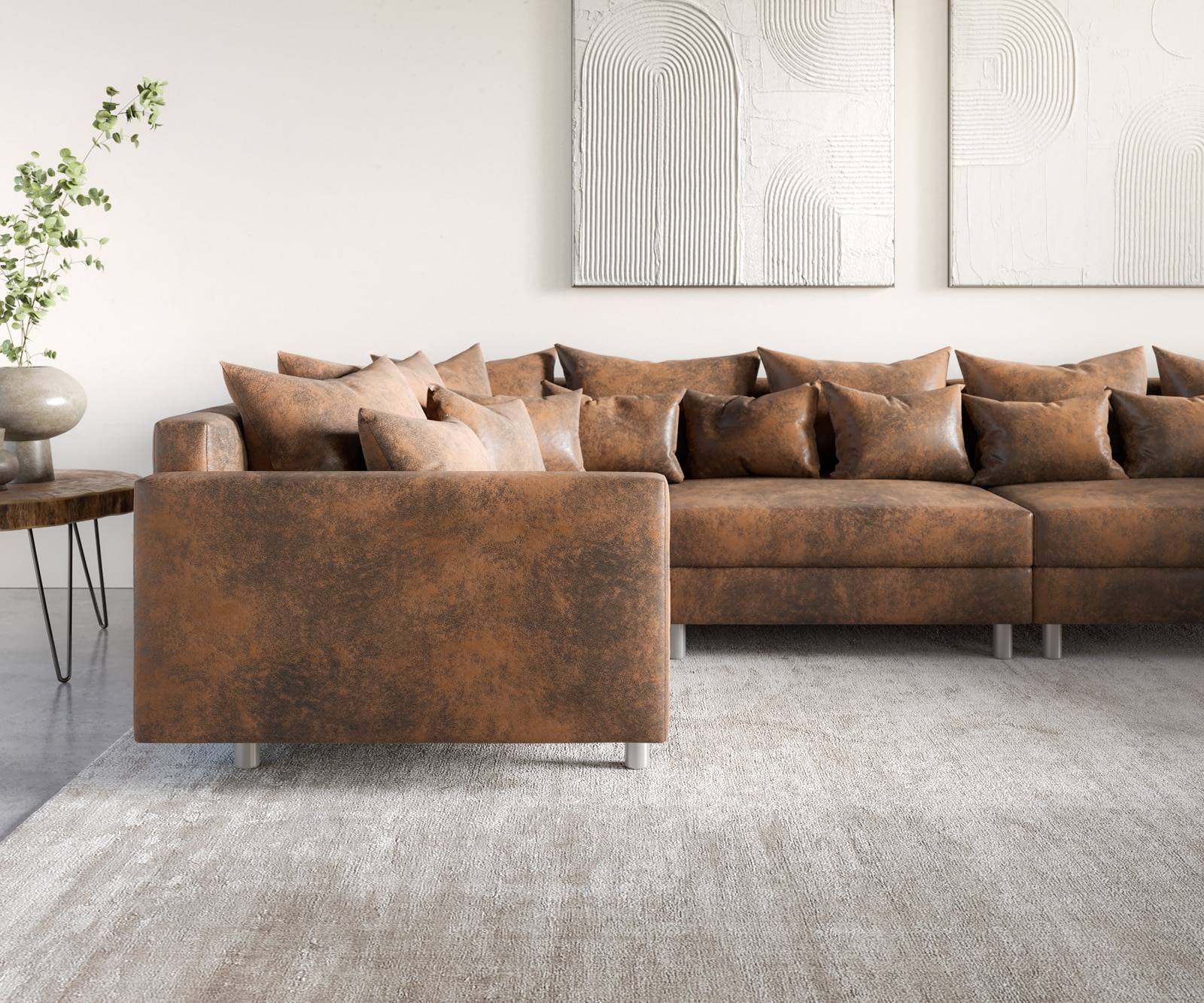 Wohnlandschaft Clovis XL modular Braun Antik Optik Hocker Armlehne 6