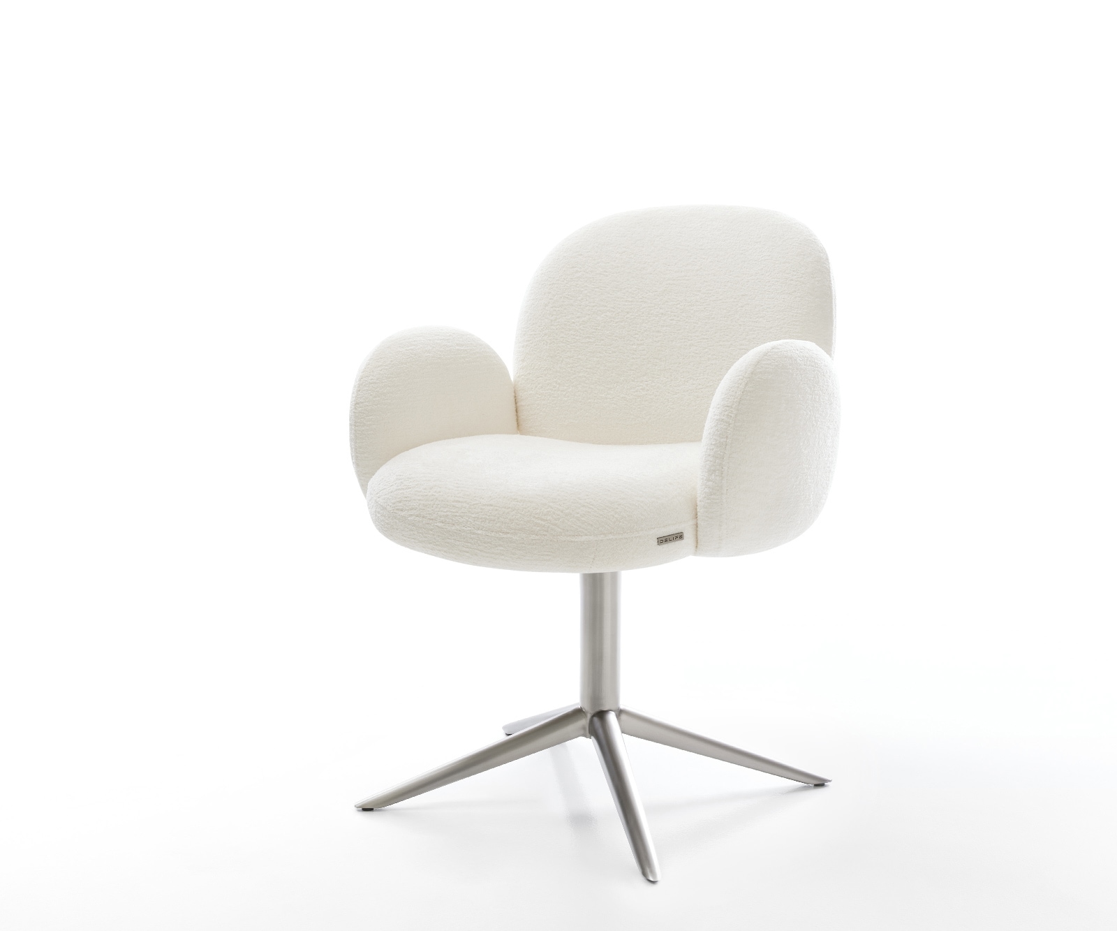 Drehstuhl Nube-Flex mit Armlehnen Bouclé Soft Beige Fußkreuz Edelstahl 360° drehbar Wippfunktion Taschenfederkern