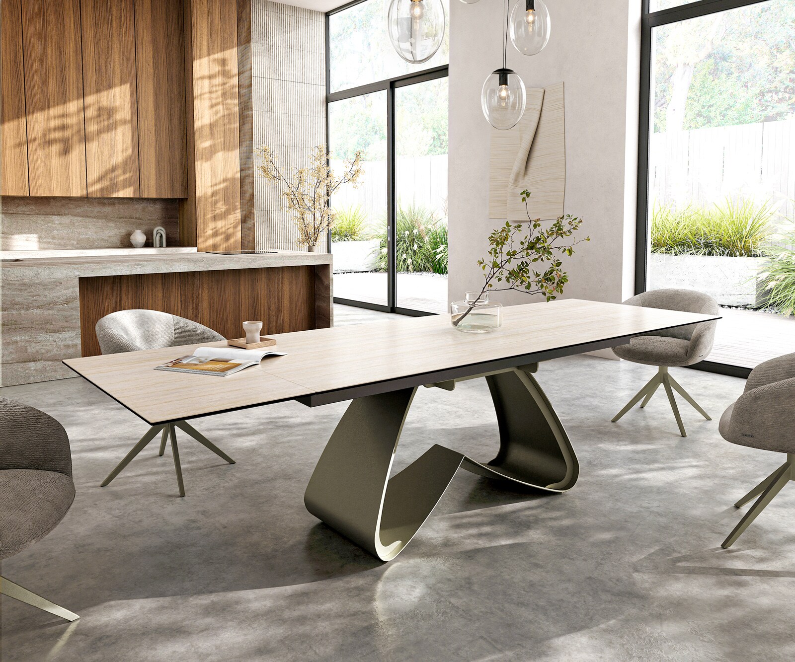 Esstisch Edge 200-300x100 Keramik Laminam® Travertino Bianco Creme-Weiß W-Gestell Effektfinish Titan ausziehbar