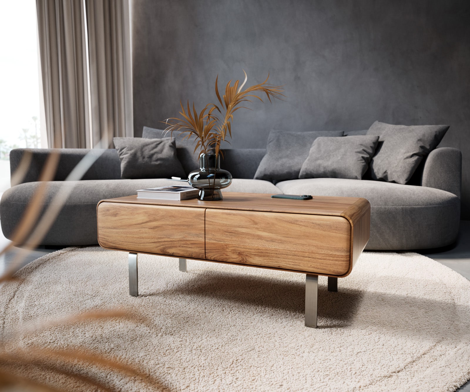 Couchtisch Anaya 100x50 cm Akazie Natur 2 Schubladen L-Fuß Edelstahl 2 Couchtisch Anaya 100x50 cm Akazie Natur 2 Schubladen L-Fuß Edelstahl 2