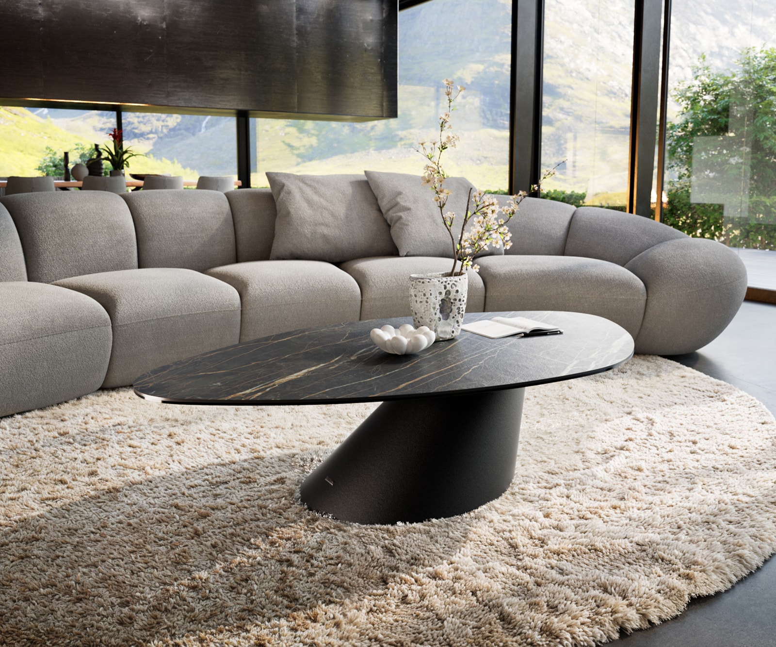 Couchtisch Edge Organisch 140x76 cm Keramik Laminam® Noir Desir Braun Conis Metall Schwarz
