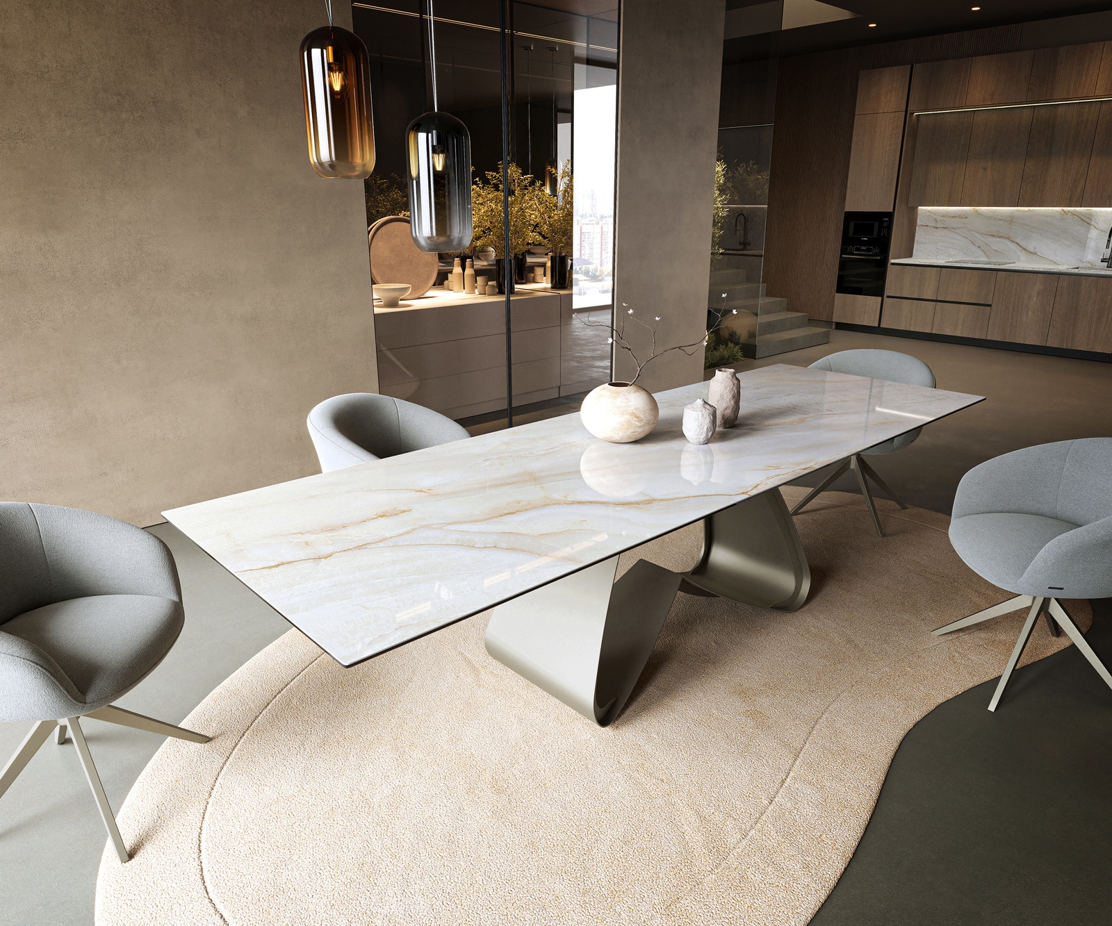 Esstisch Edge 300x100 cm Keramik Onyx Pearl W-Gestell Metall Effektfinish Titan