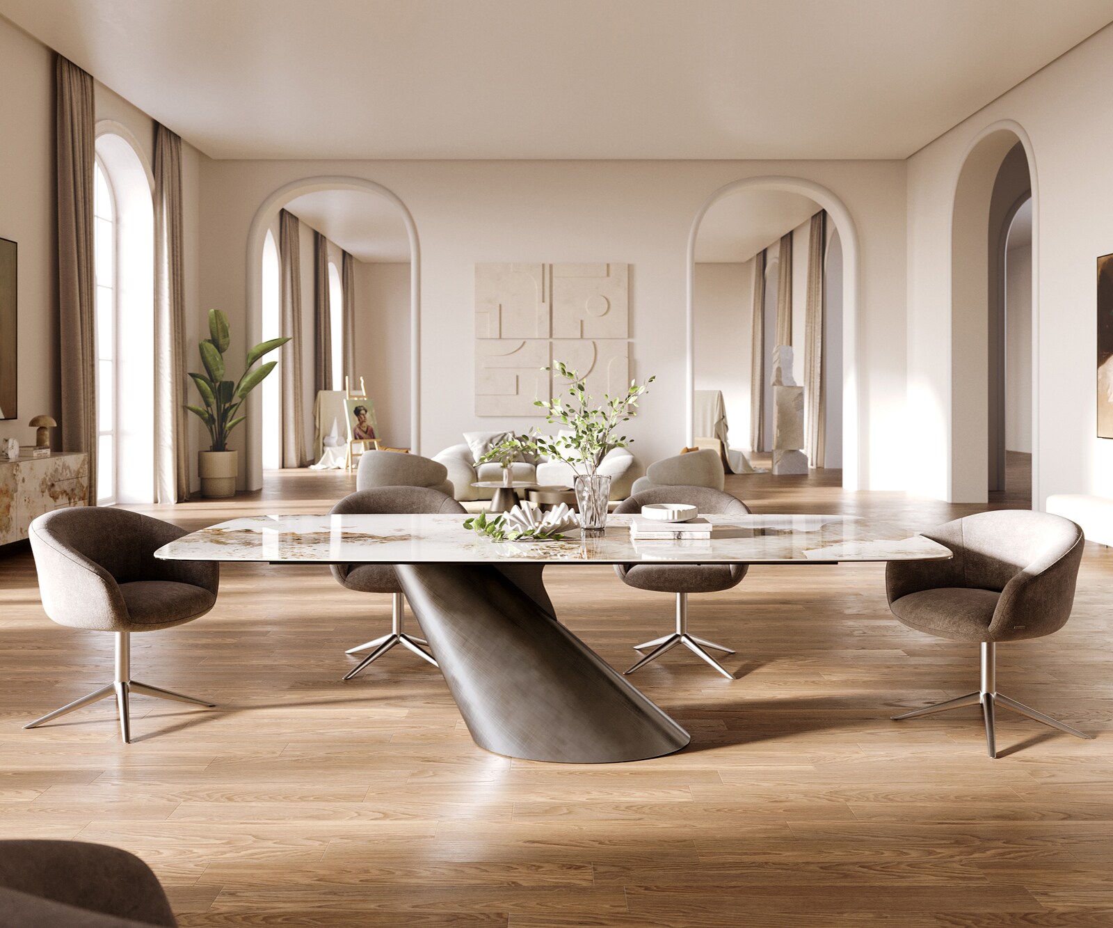 Esstisch Edge Boot 260x120 cm Keramik Minas Melange Weiß-Beige Cono Metallic Silber 2