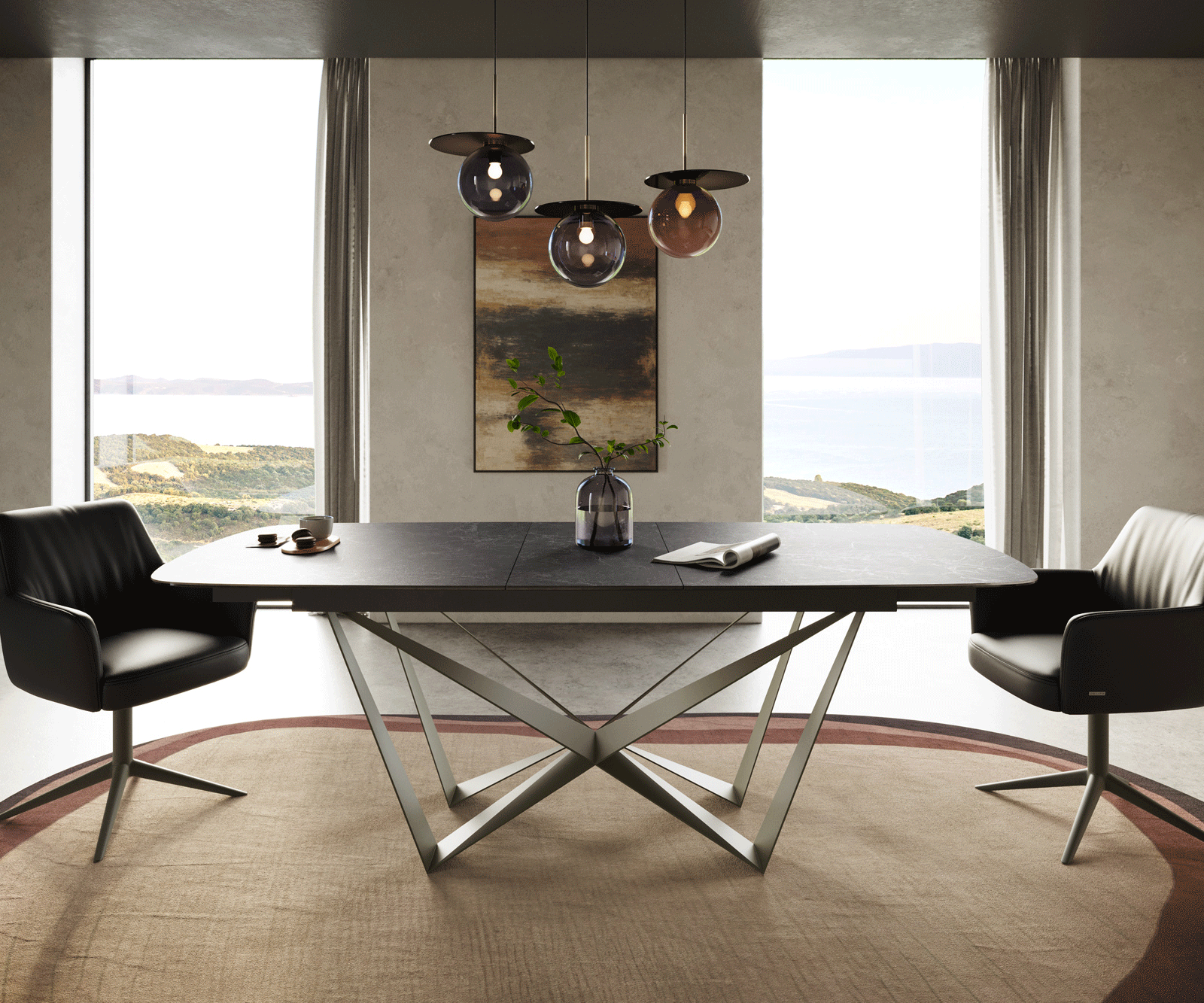 Esstisch Edge Boot 180-220x100 cm Keramik Laminam® Nero Greco Anthrazit Spider Metall Effektfinish Titan ausziehbar 2