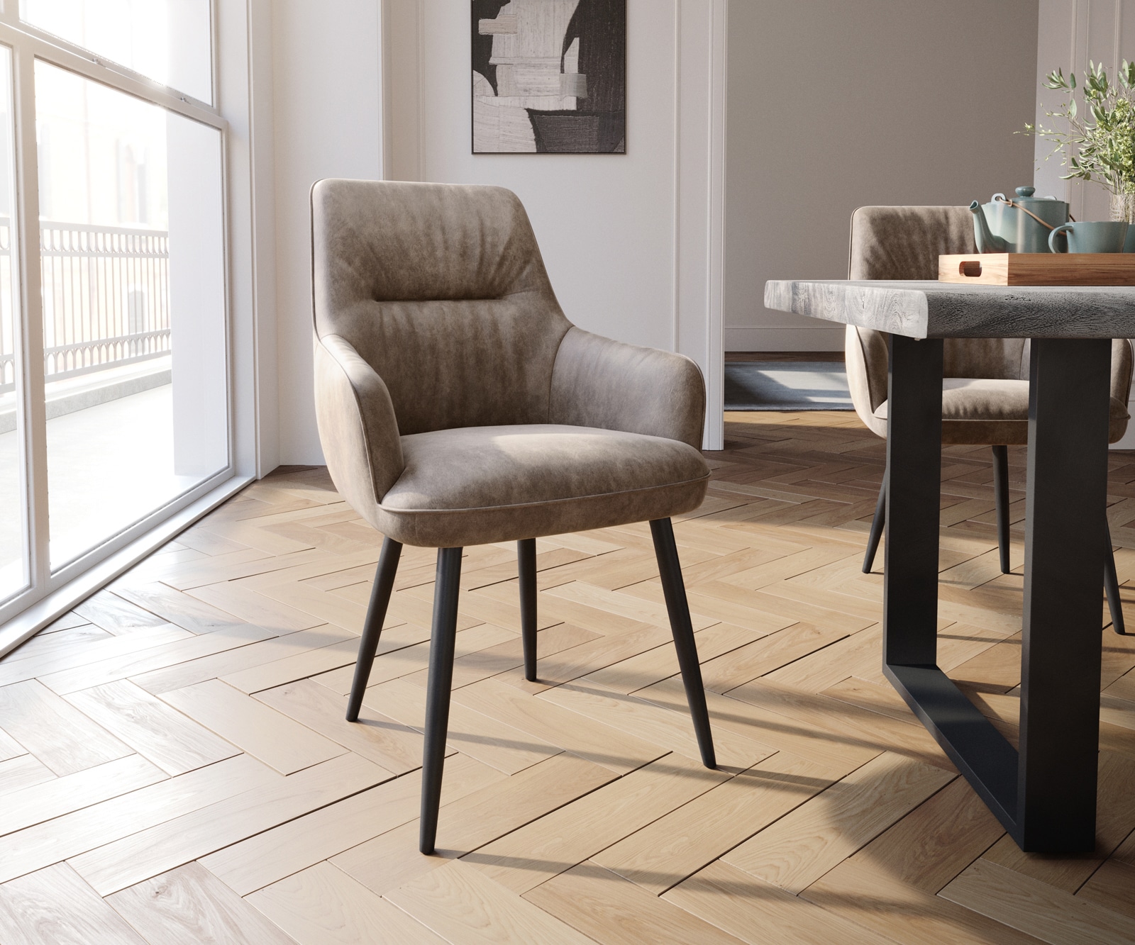 Esszimmerstuhl Zelia-Flex mit Armlehnen Mikrofaser Taupe Vintage 4-Fuß konisch Schwarz Taschenfederkern 1