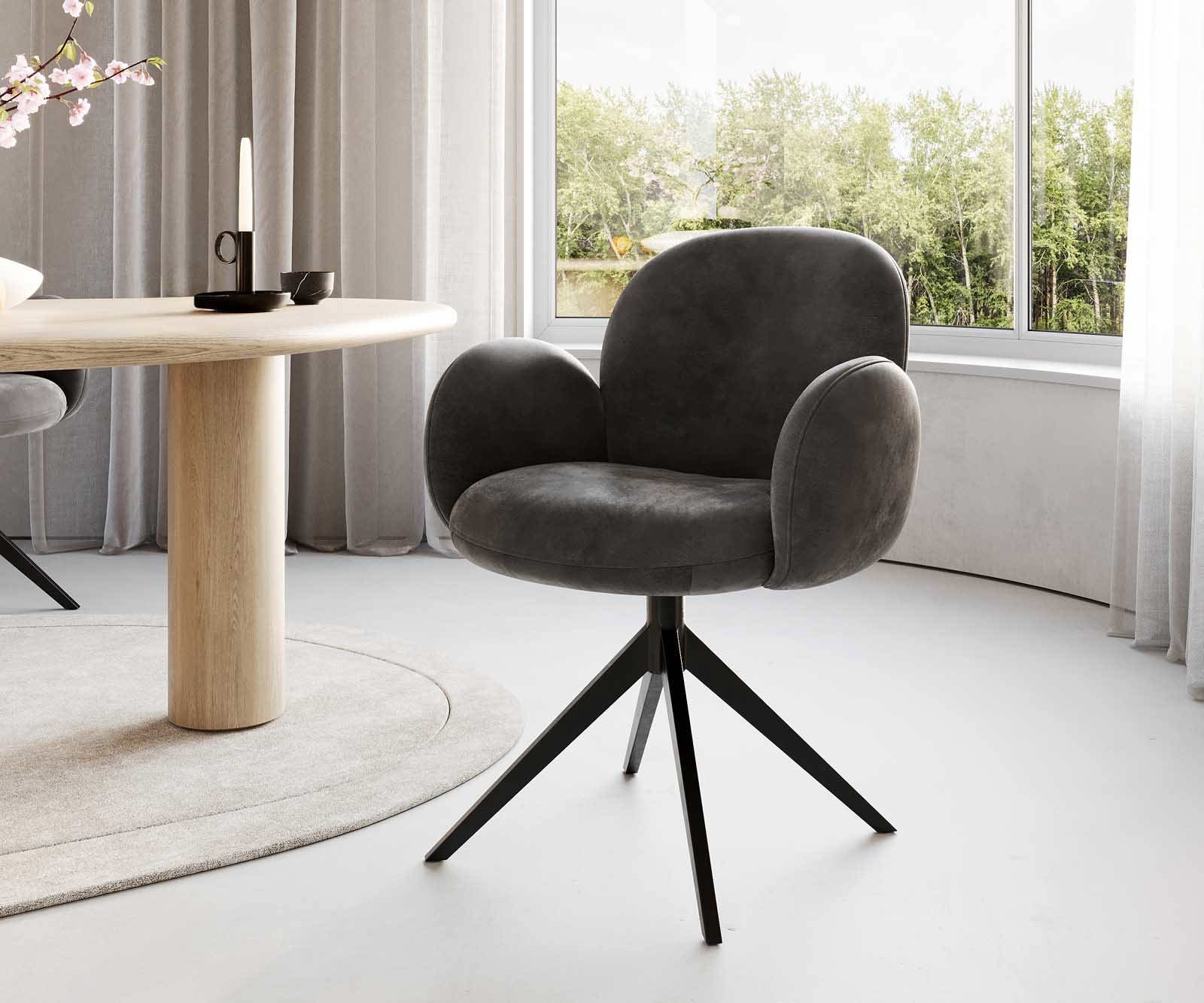 Drehstuhl Nube-Flex mit Armlehnen Mikrofaser Anthrazit Vintage Kreuzgestell breit Schwarz 360° drehbar Taschenfederkern