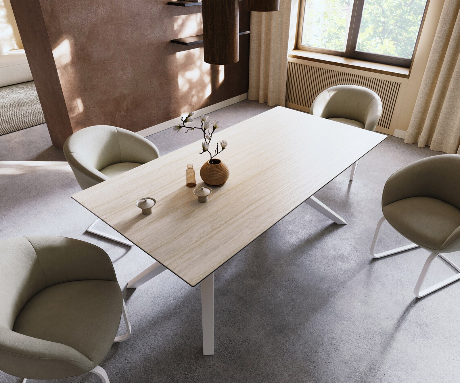 Esstisch Edge 200x100 Keramik Laminam® Travertino Bianco Creme-Weiß Zenthara kantig Metall Weiß 3
