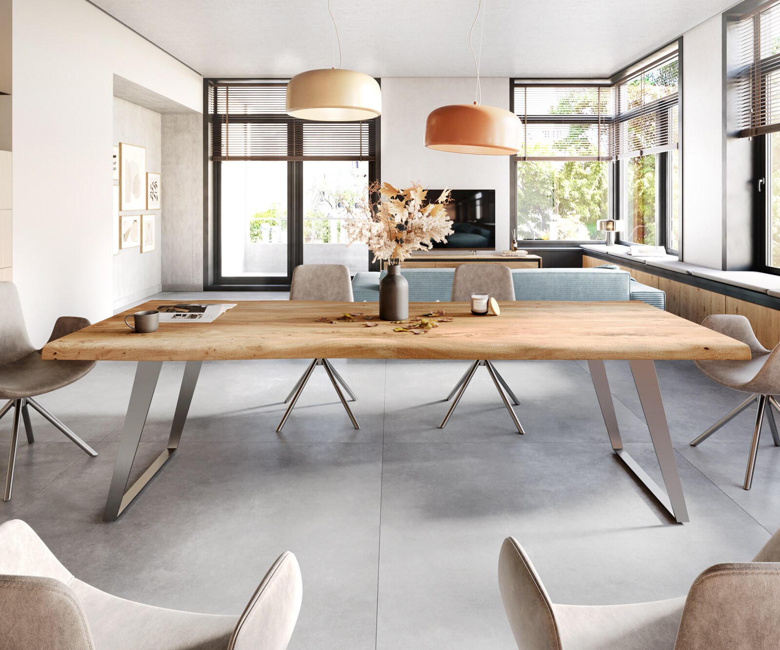 Esstisch Edge 260x100cm XL Akazie Natur Edelstahl Silber schräg Live-Edge 1