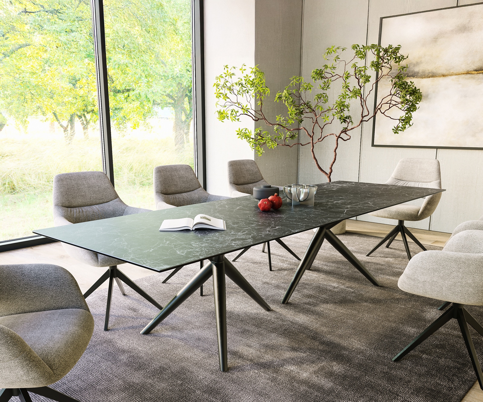 Esstisch Edge 300x100 Keramik Laminam®Nero Greco Anthrazit Estelar rund Metall Schwarz