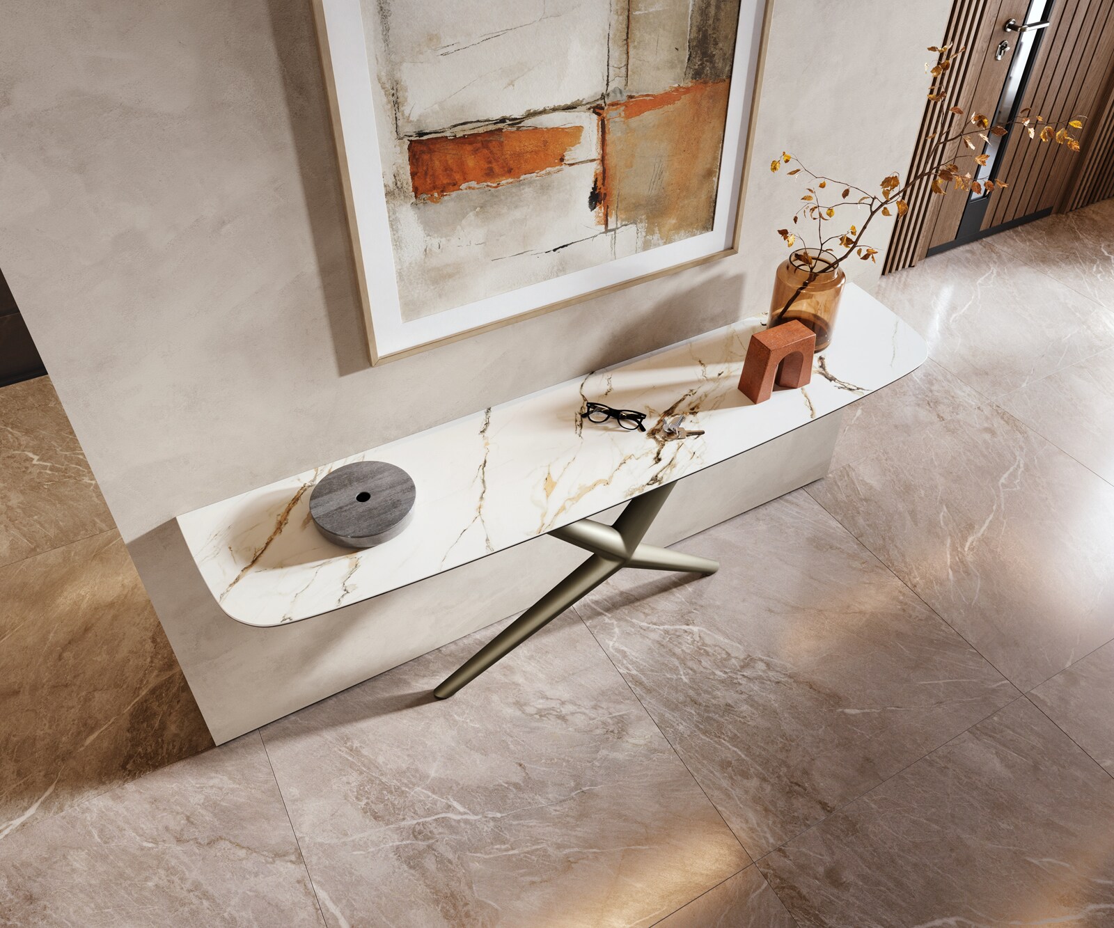 Konsolentisch Edge Boot 180x40 cm Keramik Calacatta Luxe Weiß-Gold-Grau Estelo Metall Effektfinish Titan 2
