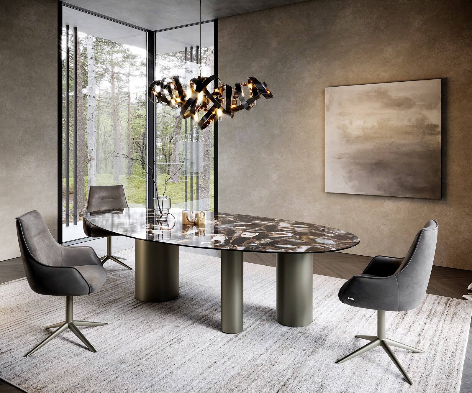 Esstisch Edge Oval 280x130 Keramik Iris FMG Agatablack Troa Metall Effektfinish Titan 5