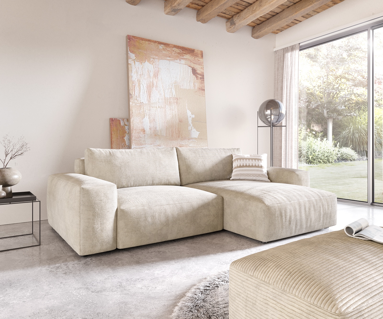 Ecksofa Lanzo XL 270x180 cm Cord Beige Recamiere variabel mit Hocker