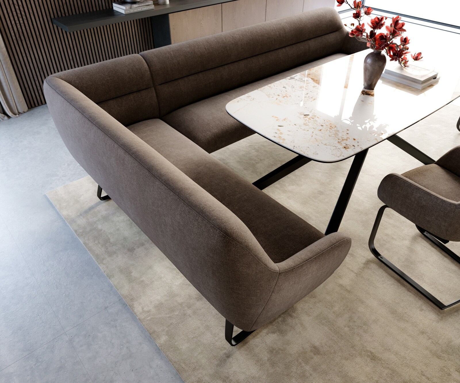 Esszimmerbank Taya-Flex 285x190 cm Strukturstoff Soft Taupe Kufengestell flach Schwarz Taschenfederkern Rechts 4