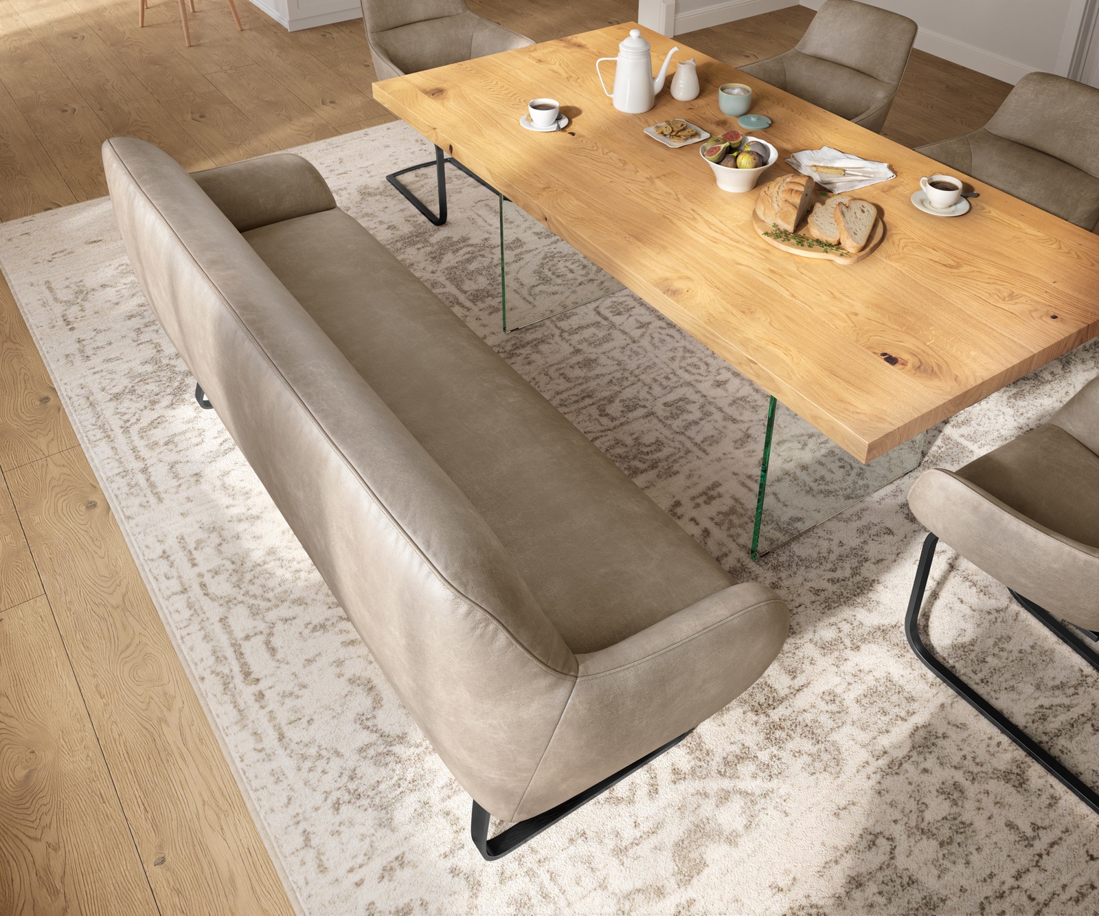 Esszimmerbank Taya-Flex 200 cm Mikrofaser Beige Vintage Kufengestell flach Schwarz Taschenfederkern 3