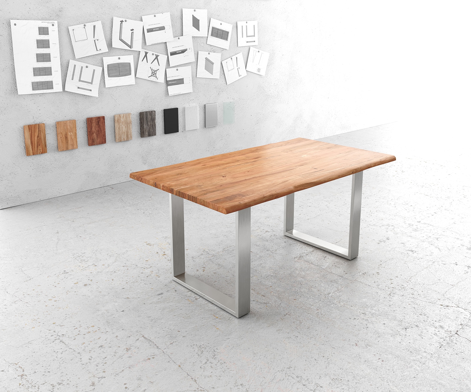 Esstisch Edge 160x90cm Akazie Natur Edelstahl schmal Live-Edge 1