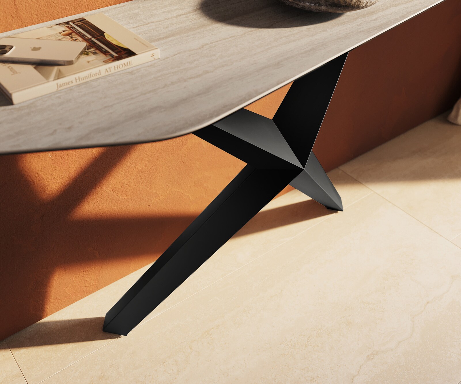 Konsolentisch Edge Polygonal 180x50 cm Keramik Laminam® Travertino Bianco Creme-Weiß Zentharo Metall Schwarz 5