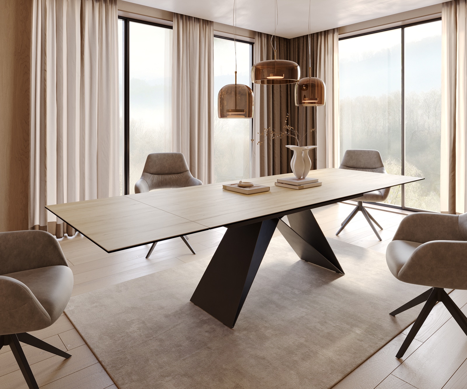 Esstisch Edge 200-300x100 Keramik Laminam® Sabbia Eichefarbig V-Gestell Flachstahl Schwarz ausziehbar 5