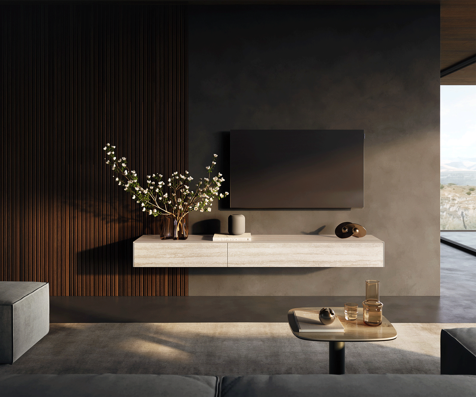 Lowboard Cuor 200 cm Keramik Laminam® Travertino Bianco Creme-Weiß 1 Klappe 1 Schubfach Schwebend 3