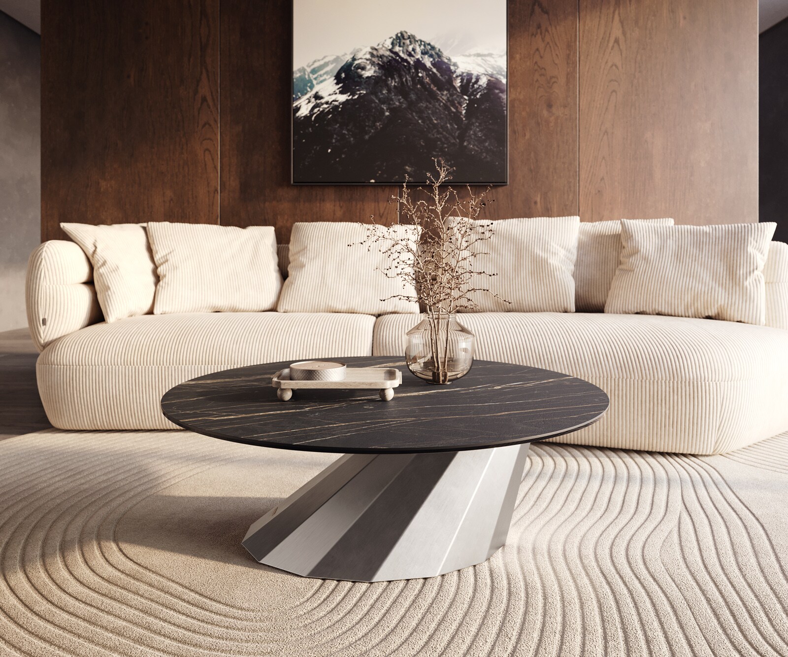Couchtisch Edge Rund 100x100 cm Keramik Laminam® Noir Desir Braun Parabi Edelstahl gebürstet 5