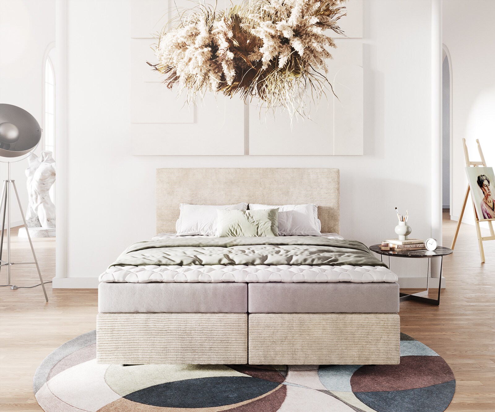 Boxspringbett Dream-Well 160x200 cm Cord Beige mit Matratze und Topper 1