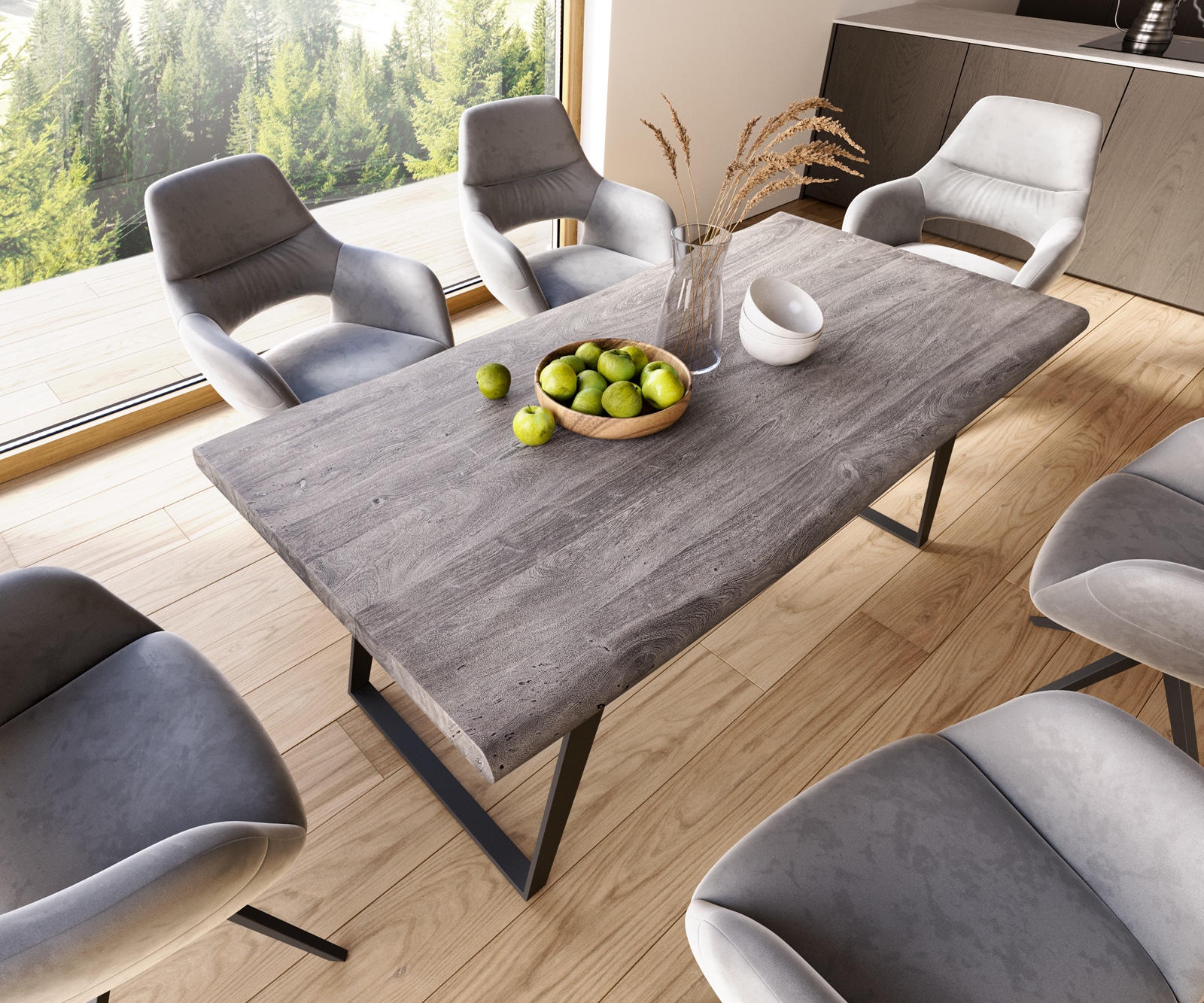 Esstisch Edge 180x90 XL Akazie Platin Metall Schräg Schwarz Live-Edge 3