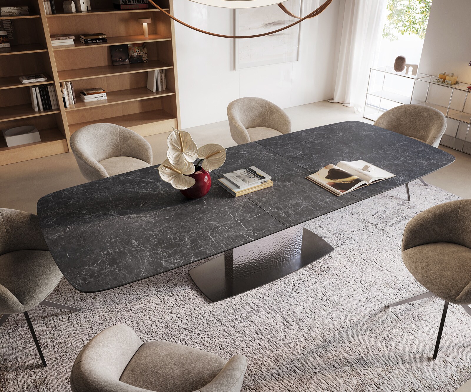 Esstisch Edge Boot 240-300x120 cm Keramik Laminam® Nero Greco Anthrazit Wave Edelstahl ausziehbar 4