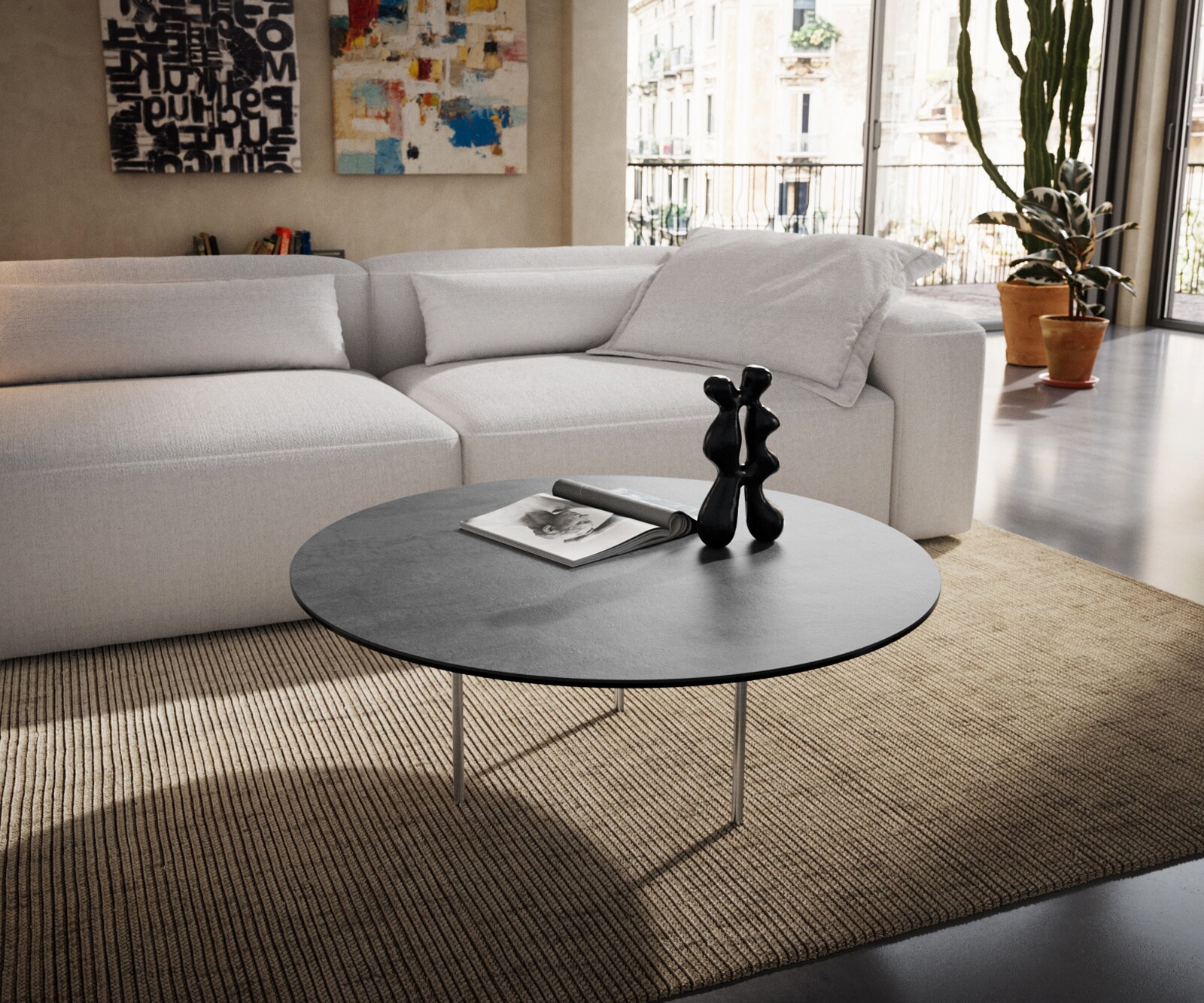 Couchtisch Edge Rund 90x90 cm Keramik Beton Grau Trive Metall Schwarz
