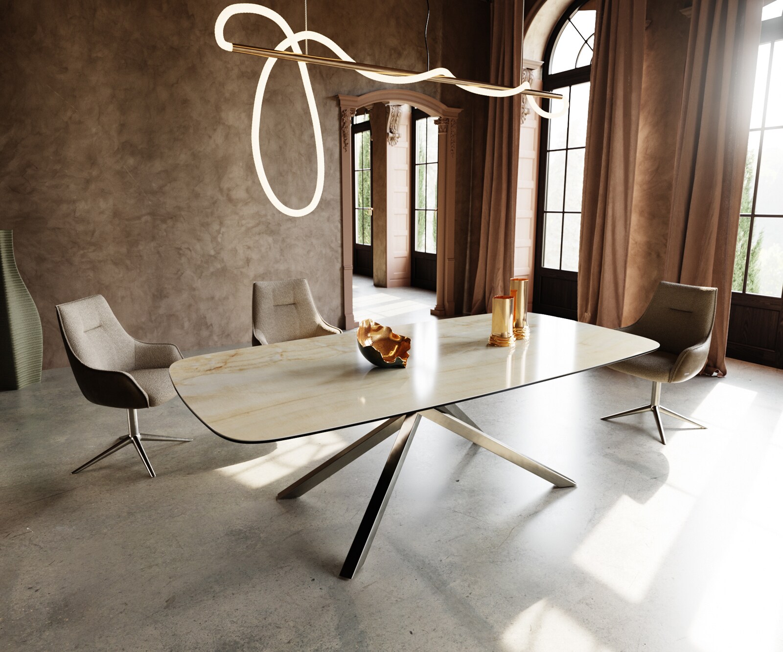 Esstisch Edge Boot 240x120 cm Keramik Iris FMG Onice Oro Kreuzgestell Recht günstig online kaufen