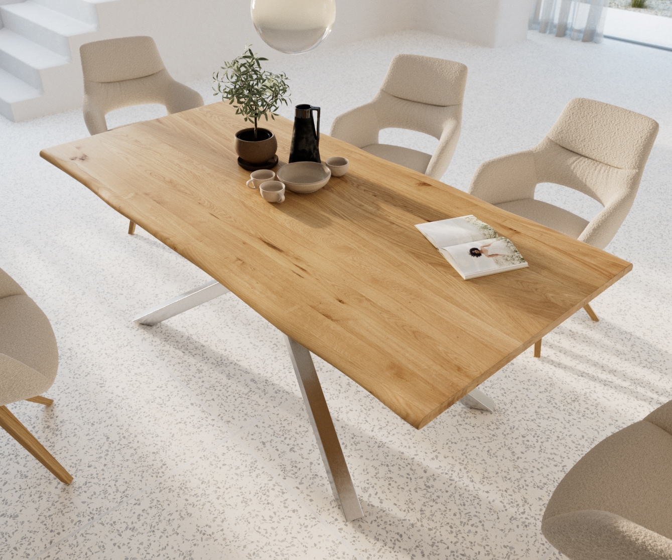 Esstisch Edge 200x100x2,5-3 Eiche Natur Kreuzgestell Rechteck Edelstahl Live-Edge 3 Esstisch Edge 200x100x2,5-3 Eiche Natur Kreuzgestell Rechteck Edelstahl Live-Edge 3