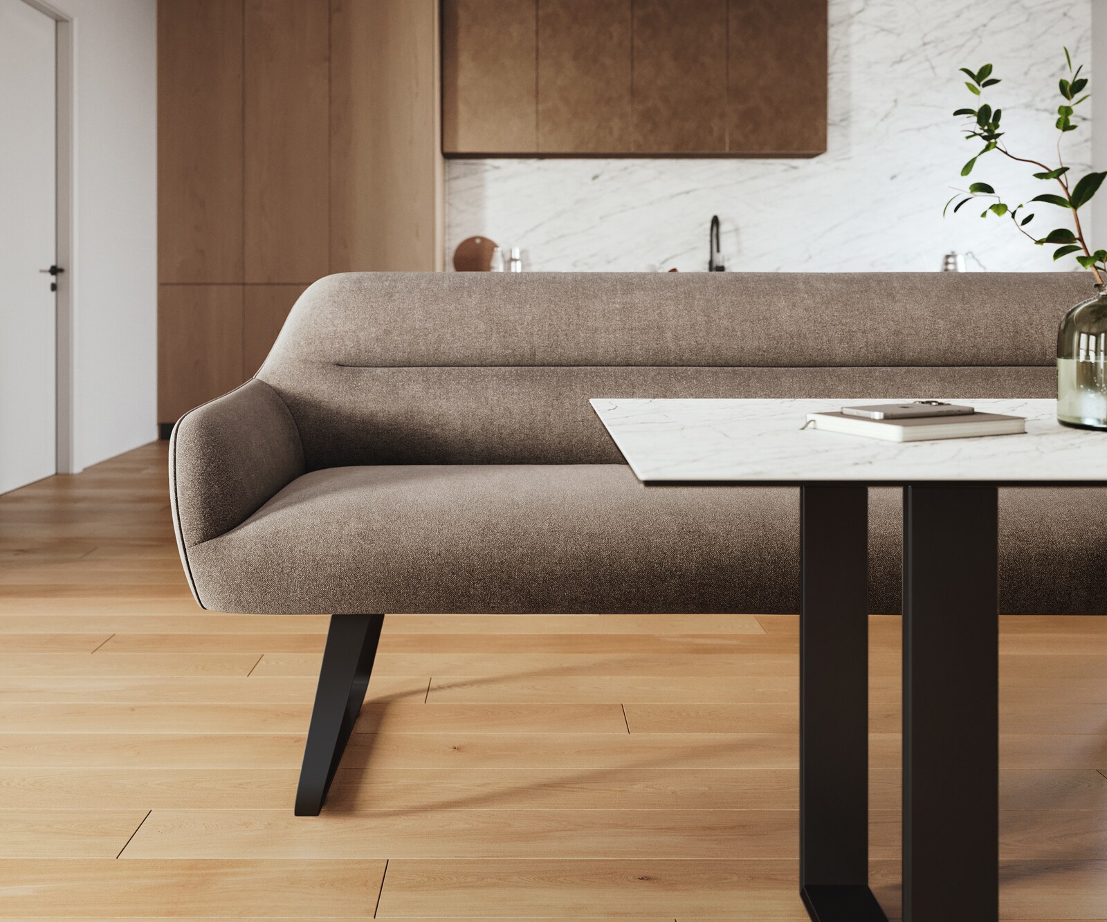 Esszimmerbank Taya-Flex 200 cm Strukturstoff Soft Taupe Kufengestell flach Schwarz Taschenfederkern 1