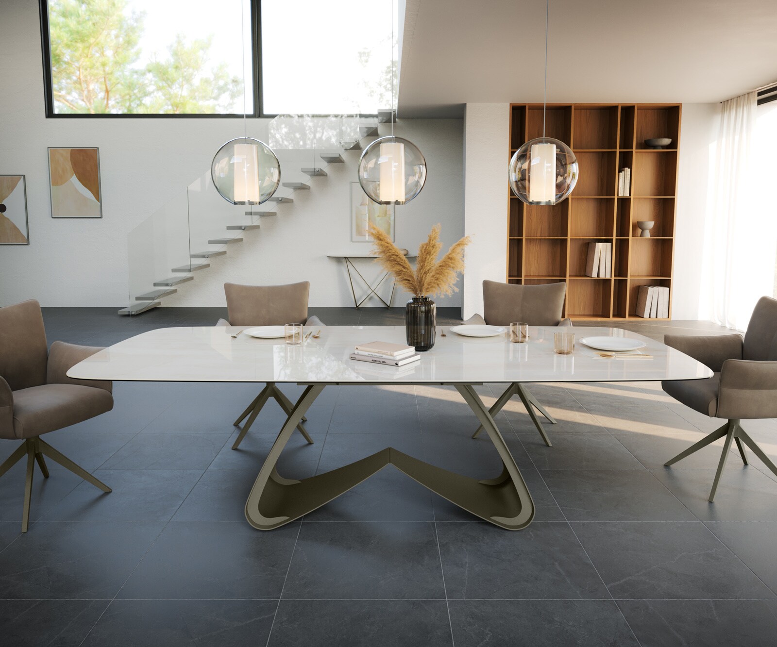 Esstisch Edge Boot 260x120 cm Keramik Onyx Champagne W-Gestell Metall Effektfinish Titan 2