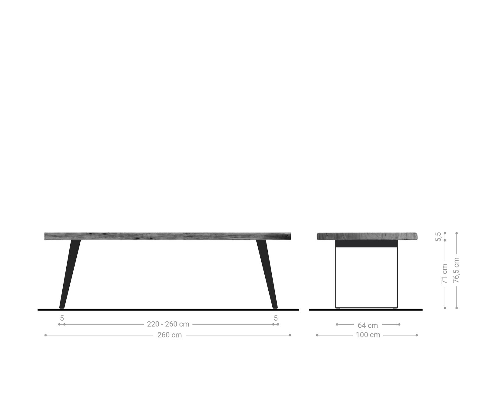 Esstisch Edge 260x100cm XL Akazie Natur Edelstahl Silber schräg Live-Edge 6