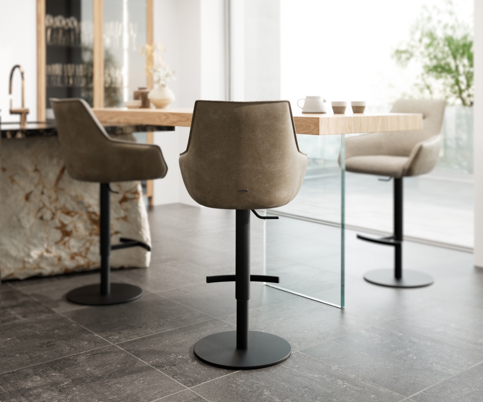 Barstuhl Alja-Flex Materialmix Mikrofaser Schlamm / Bouclé Schlamm Drehfußhöhenverstellbar Metall Schwarz drehbar Taschenfederkern 3