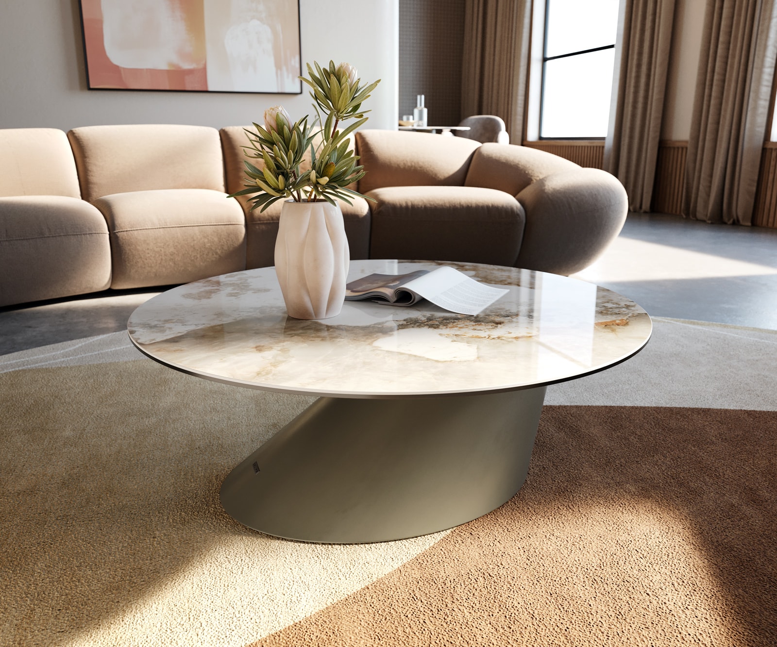 Couchtisch Edge Rund 90x90 cm Keramik Minas Melange Conis Metall Effektfinish Titan
