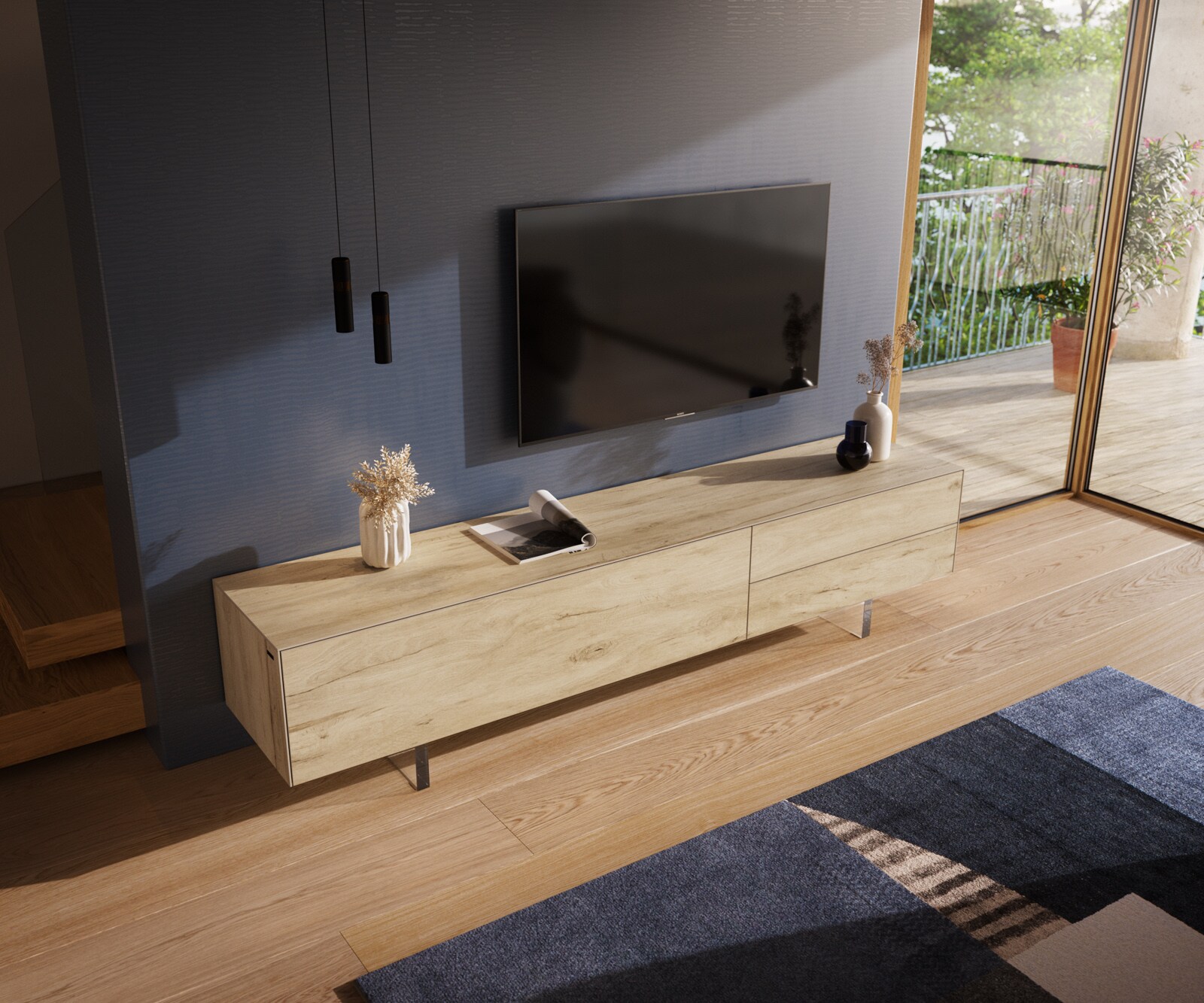 Lowboard Cuor 220 cm Keramik Laminam® Sabbia Eichefarbig 1 Klappe 2 Schubfächer Fuß Schwebeoptik Acrylglas 4