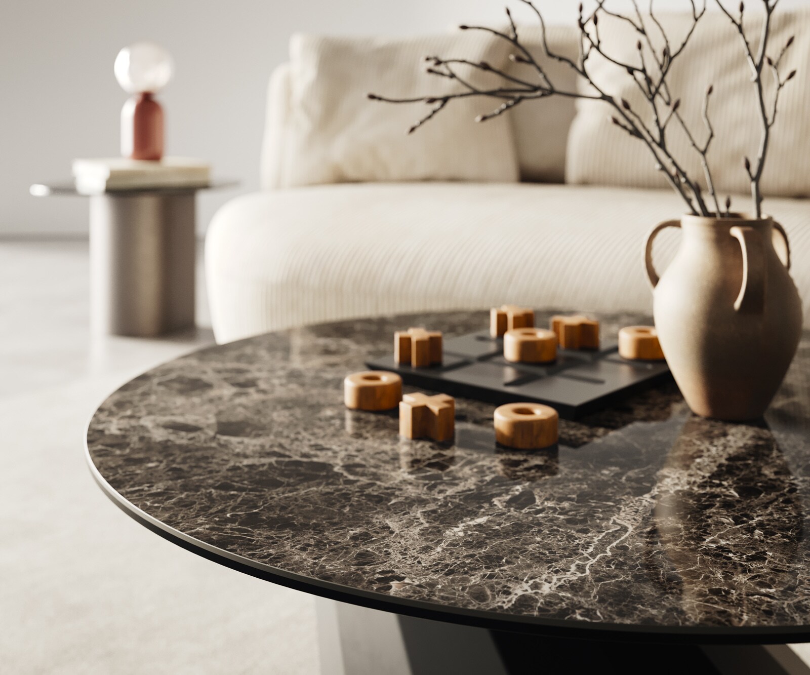 Couchtisch Edge Rund 90x90 cm Keramik Laminam® Emperador Extra Lucidato Dunkelbraun Parabi Metall Schwarz 3