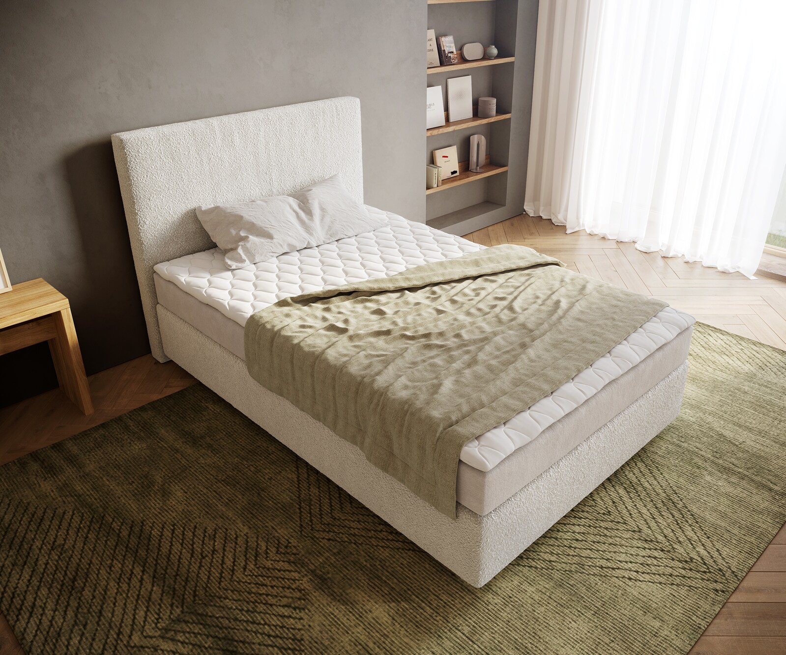Boxspringbett Dream-Well 120x200 cm Bouclé Creme-Weiß mit Matratze und Topper 3
