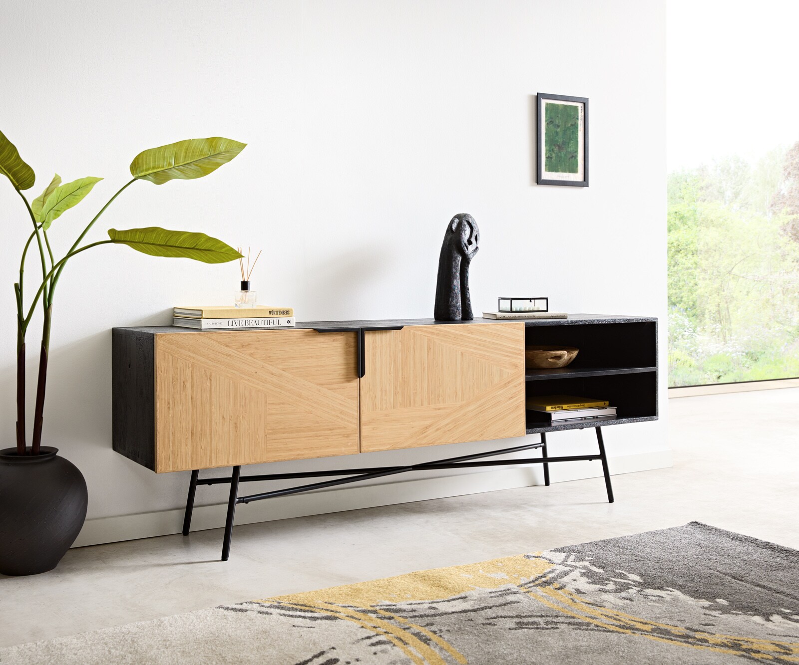 Sideboard Mikkusu 175 cm Bambus Natur Mango Schwarz 2 Türen 2 Fächer Metall Schwarz