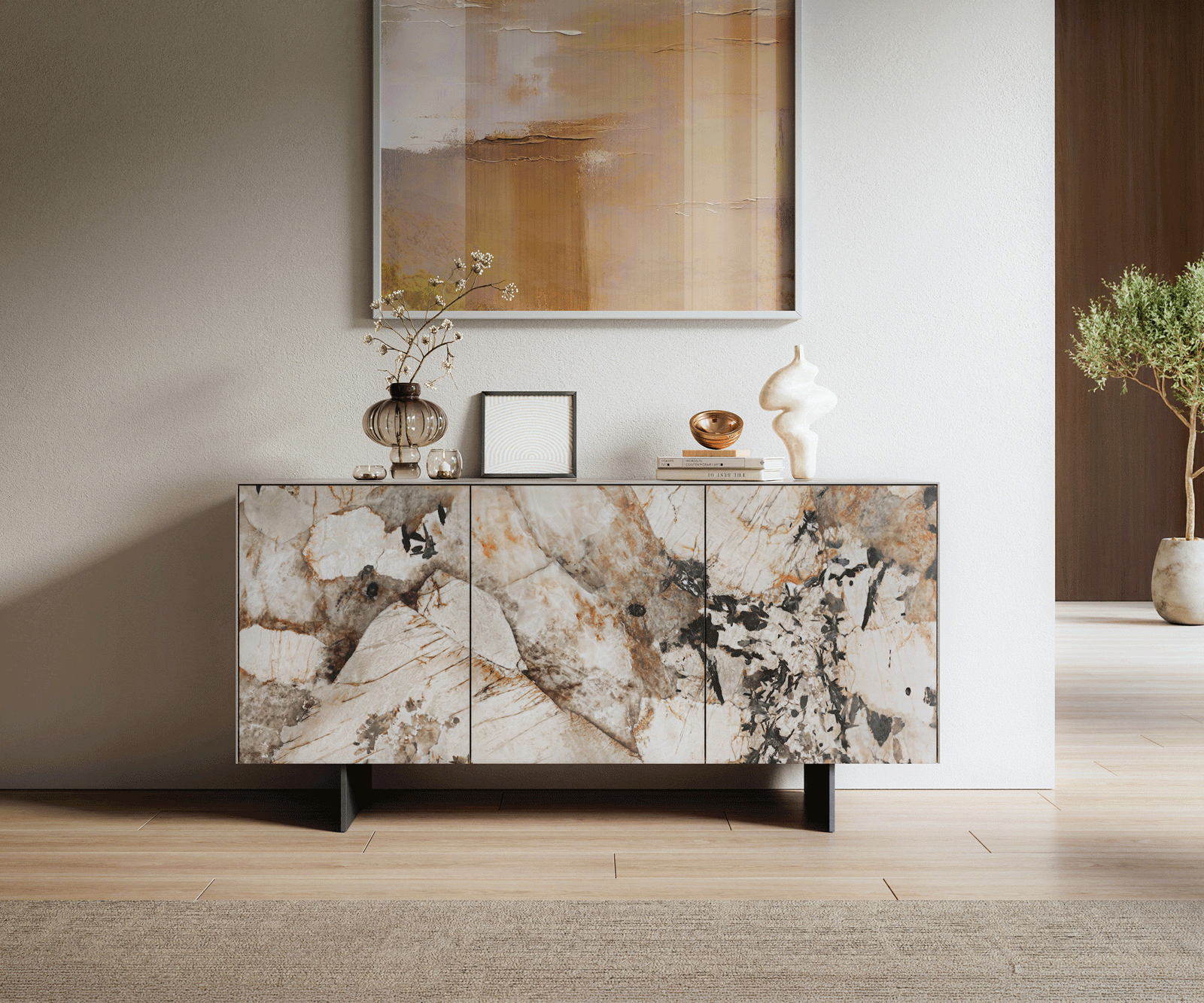 Sideboard Cuor 150 cm Keramik Patagonia Poliert 3 Türen Fuß Schwebeoptik Metall Schwarz 1